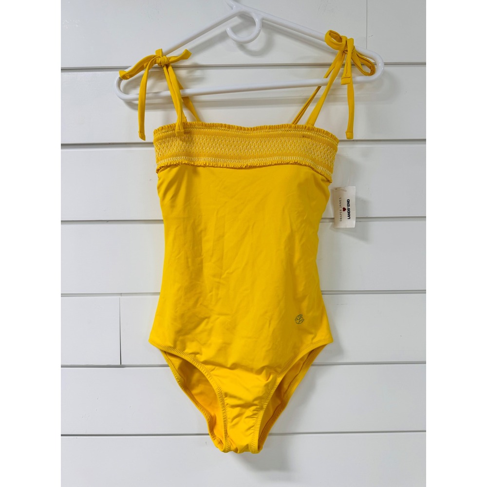 Draper James Lands End Yellow Smocked Tie Shoulder One Piece Swimsuit Size 2 NEW - Picture 2 of 9